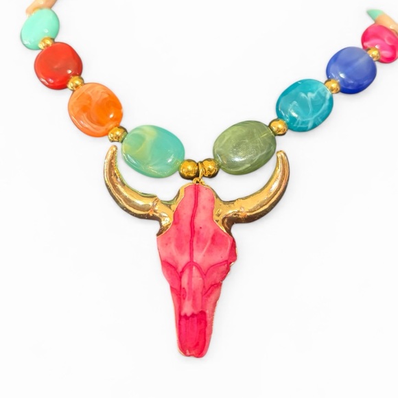 Multicolored Necklace,Pink, Gold Pendant Colorful Bull Skull Necklace,New - Picture 2 of 8